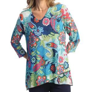 Jess Jane Marina Tunic Top Womens M Blue Floral Paisley Sheer Mesh Boho Resort